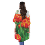 Red And Yellow Tulip Print Open Front Beach Cover Up
