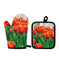 Red And Yellow Tulip Print Oven Mitt And Pot Holder Set