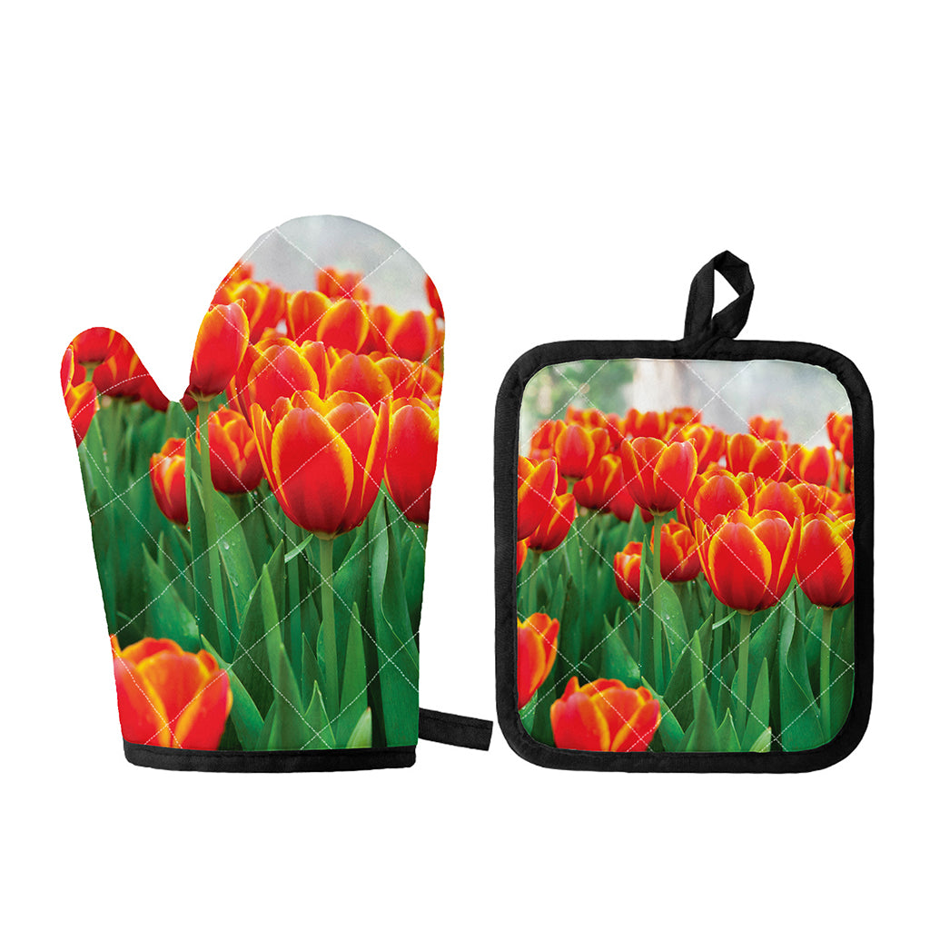 Red And Yellow Tulip Print Oven Mitt And Pot Holder Set