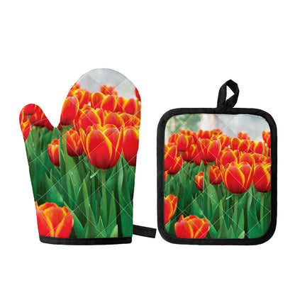 Red And Yellow Tulip Print Oven Mitt And Pot Holder Set