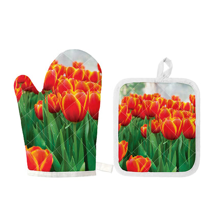 Red And Yellow Tulip Print Oven Mitt And Pot Holder Set
