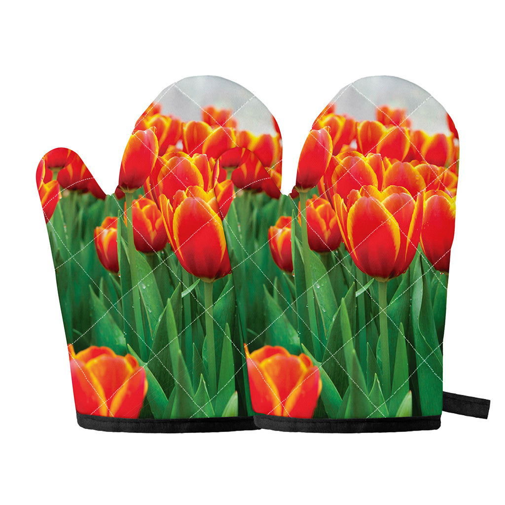 Red And Yellow Tulip Print Oven Mitts