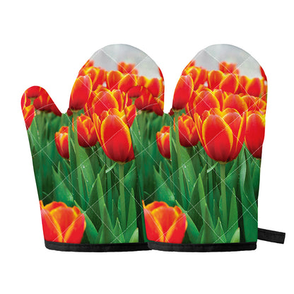 Red And Yellow Tulip Print Oven Mitts