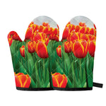 Red And Yellow Tulip Print Oven Mitts