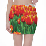 Red And Yellow Tulip Print Pencil Mini Skirt