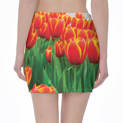 Red And Yellow Tulip Print Pencil Mini Skirt
