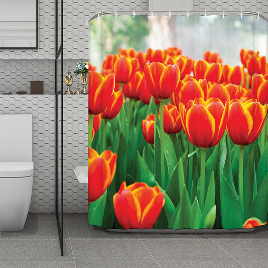 Red And Yellow Tulip Print Polyester Shower Curtain