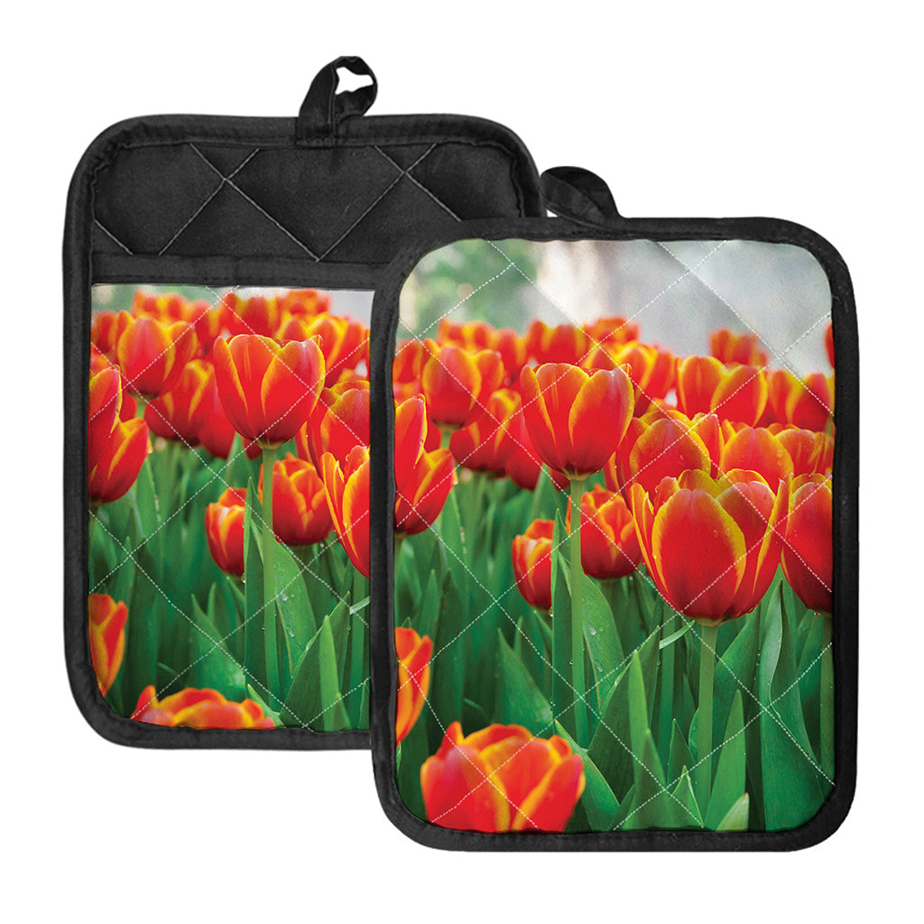 Red And Yellow Tulip Print Pot Holders With Pocket