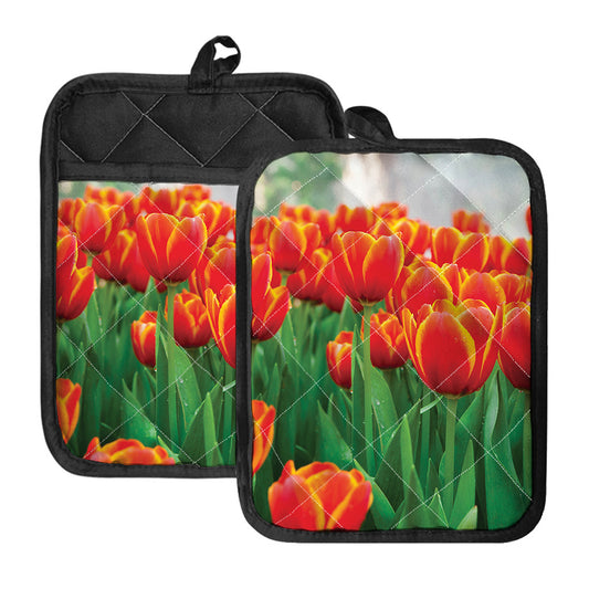 Red And Yellow Tulip Print Pot Holders With Pocket
