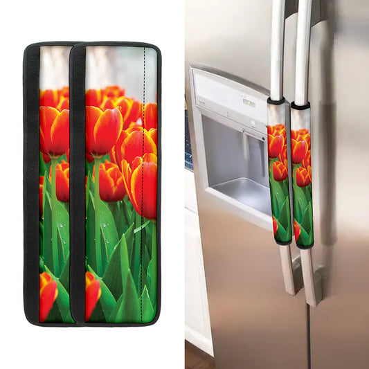 Red And Yellow Tulip Print Refrigerator Handle Covers