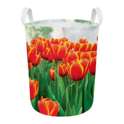 Red And Yellow Tulip Print Round Laundry Basket