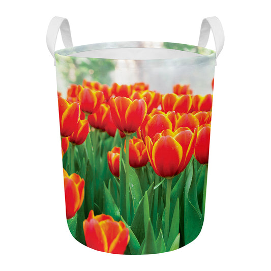 Red And Yellow Tulip Print Round Laundry Basket