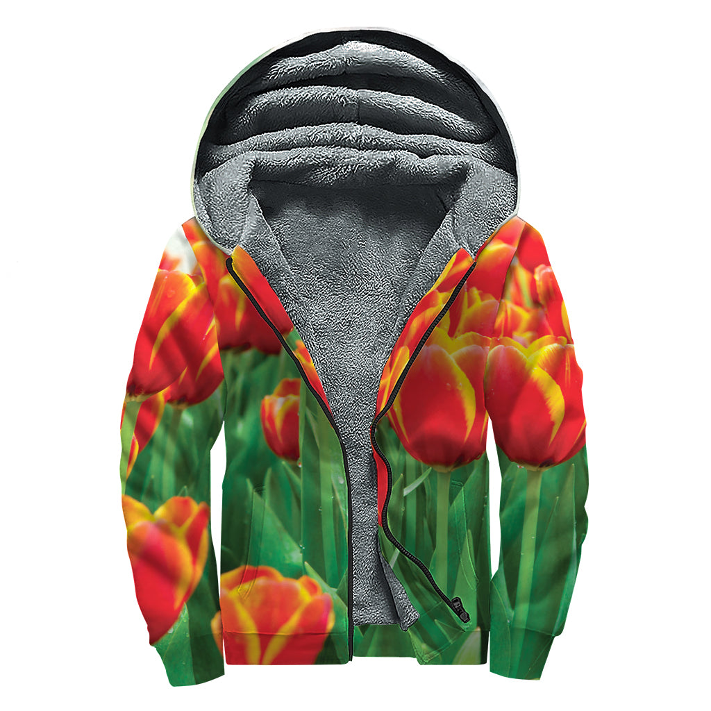 Red And Yellow Tulip Print Sherpa Lined Zip Up Hoodie