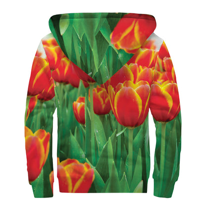 Red And Yellow Tulip Print Sherpa Lined Zip Up Hoodie