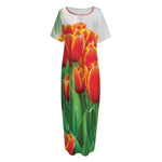 Red And Yellow Tulip Print Short Sleeve Long Nightdress