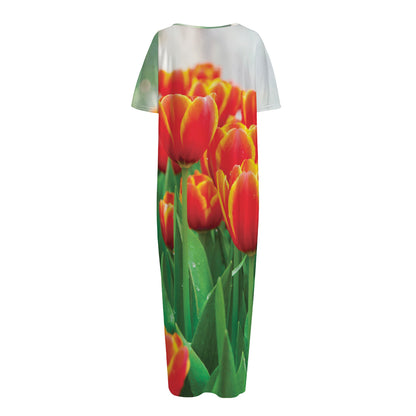 Red And Yellow Tulip Print Short Sleeve Long Nightdress