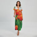 Red And Yellow Tulip Print Short Sleeve Maxi Dress