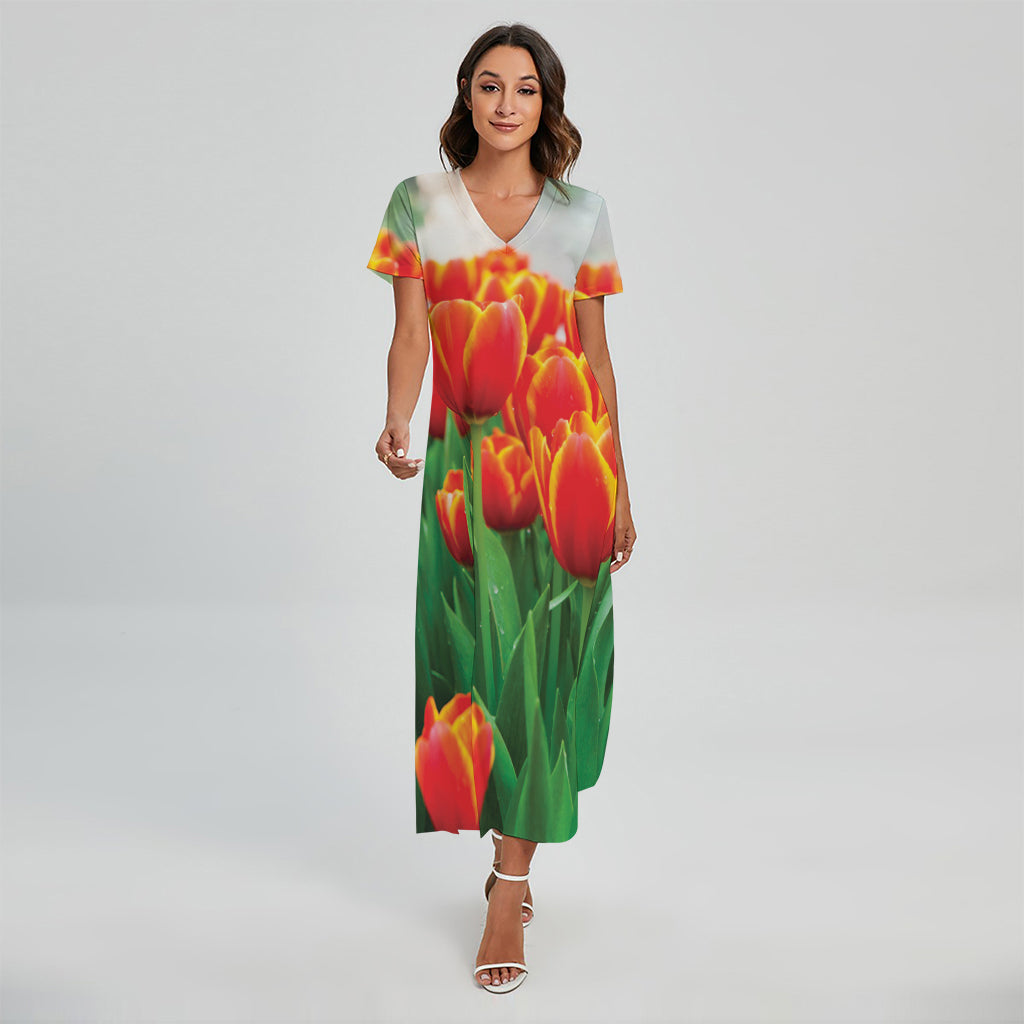 Red And Yellow Tulip Print Short Sleeve Maxi Dress