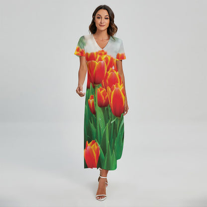 Red And Yellow Tulip Print Short Sleeve Maxi Dress