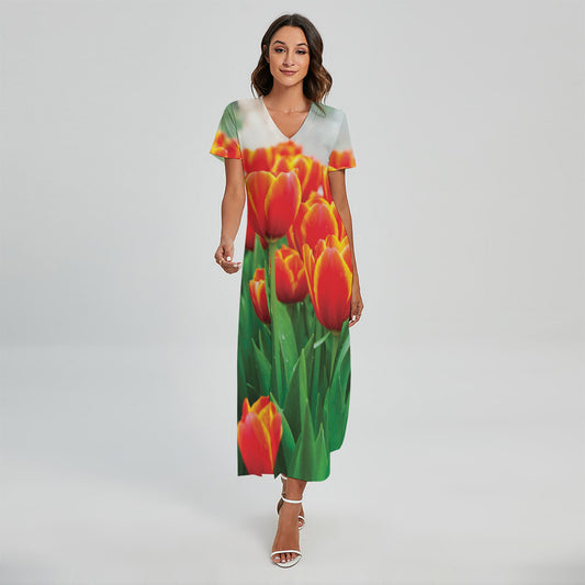 Red And Yellow Tulip Print Short Sleeve Maxi Dress