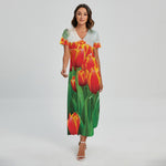 Red And Yellow Tulip Print Short Sleeve Maxi Dress