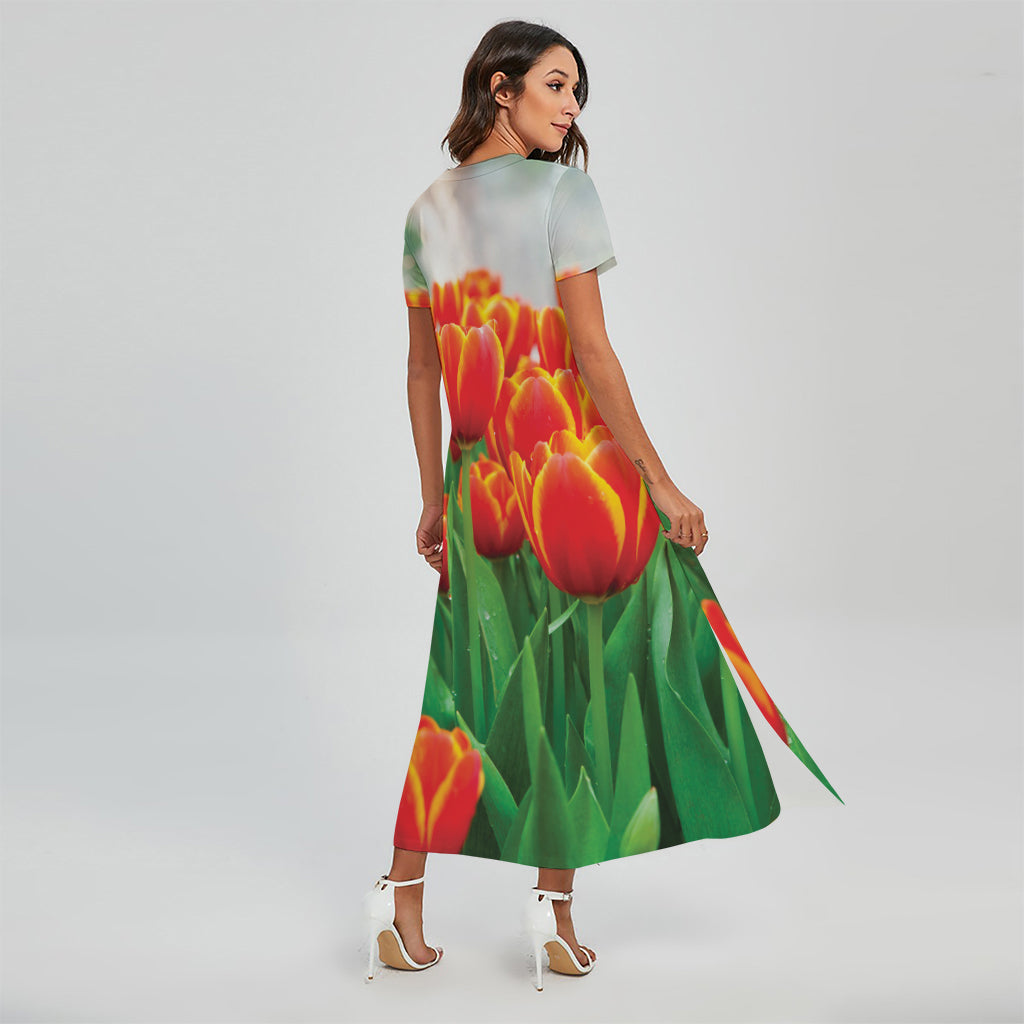 Red And Yellow Tulip Print Short Sleeve Maxi Dress
