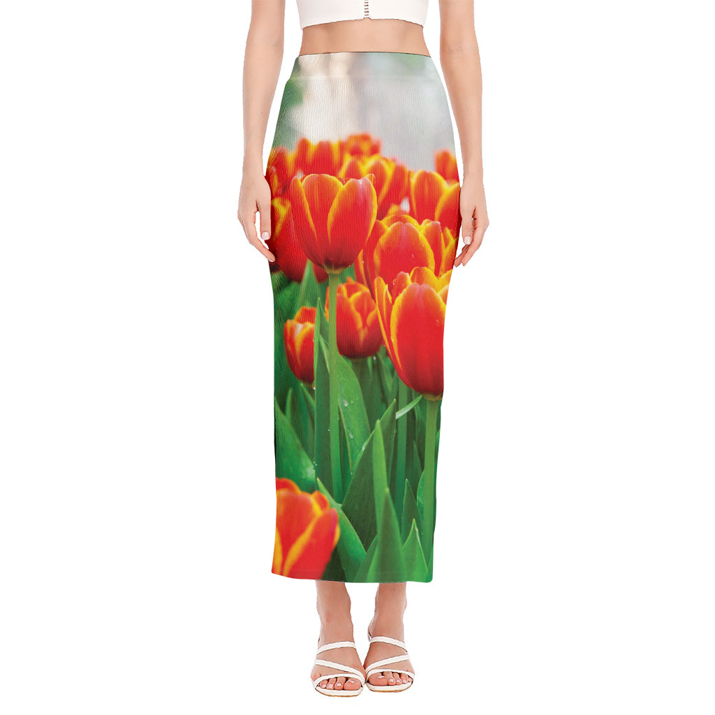 Red And Yellow Tulip Print Side Slit Maxi Skirt