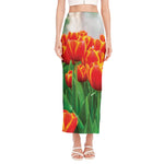 Red And Yellow Tulip Print Side Slit Maxi Skirt