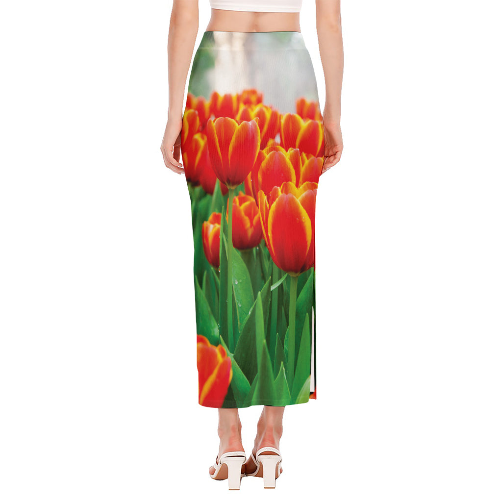 Red And Yellow Tulip Print Side Slit Maxi Skirt