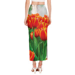 Red And Yellow Tulip Print Side Slit Maxi Skirt