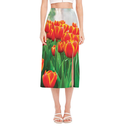 Red And Yellow Tulip Print Side Slit Midi Skirt