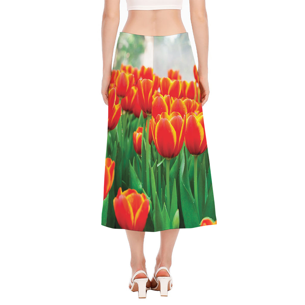 Red And Yellow Tulip Print Side Slit Midi Skirt