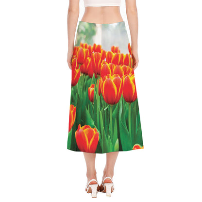 Red And Yellow Tulip Print Side Slit Midi Skirt