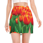 Red And Yellow Tulip Print Side Slit Mini Skirt