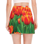 Red And Yellow Tulip Print Side Slit Mini Skirt
