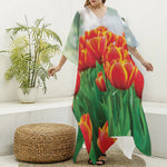 Red And Yellow Tulip Print Silk V-Neck Kaftan Dress