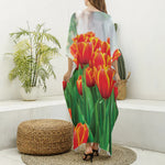 Red And Yellow Tulip Print Silk V-Neck Kaftan Dress
