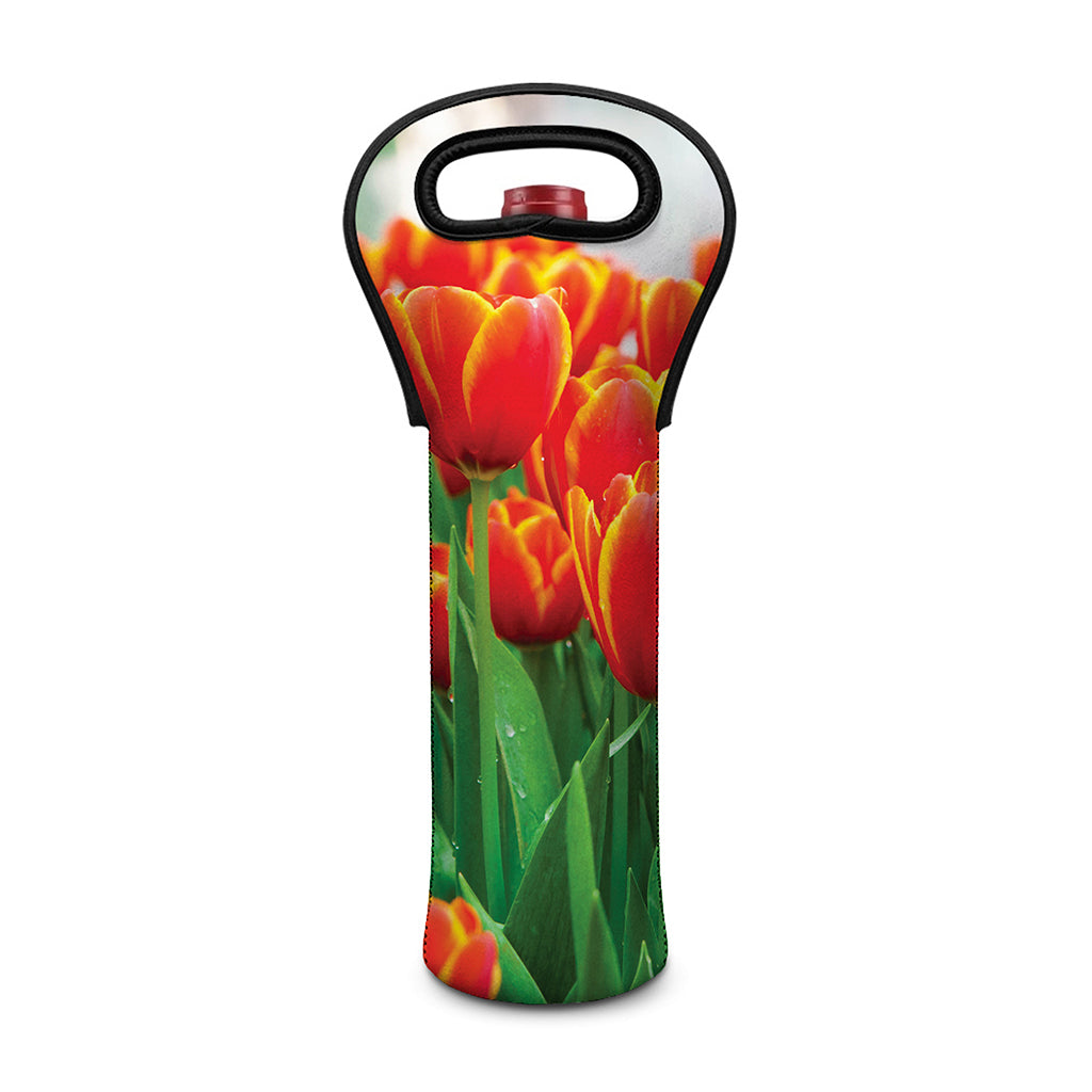 Red And Yellow Tulip Print Single Neoprene Wine Tote
