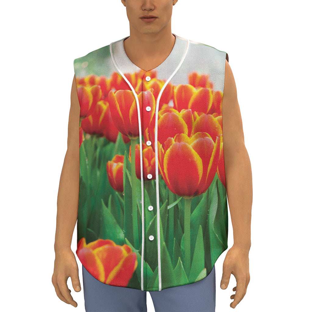 Red And Yellow Tulip Print Sleeveless Baseball Jersey