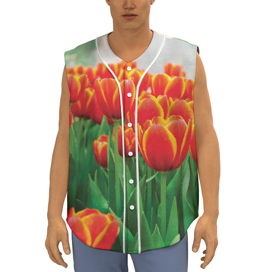 Red And Yellow Tulip Print Sleeveless Baseball Jersey