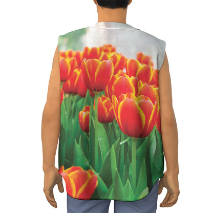 Red And Yellow Tulip Print Sleeveless Baseball Jersey