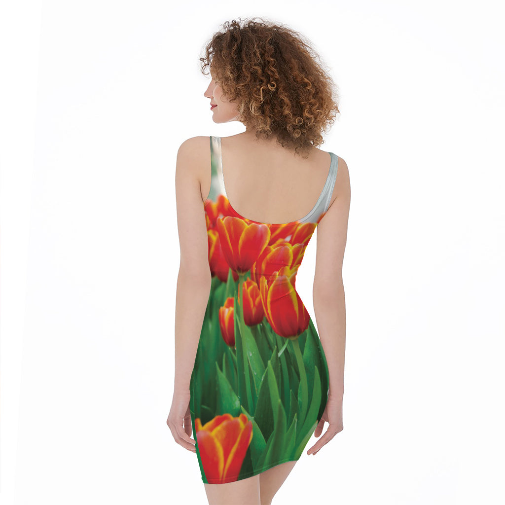 Red And Yellow Tulip Print Sleeveless Bodycon Dress