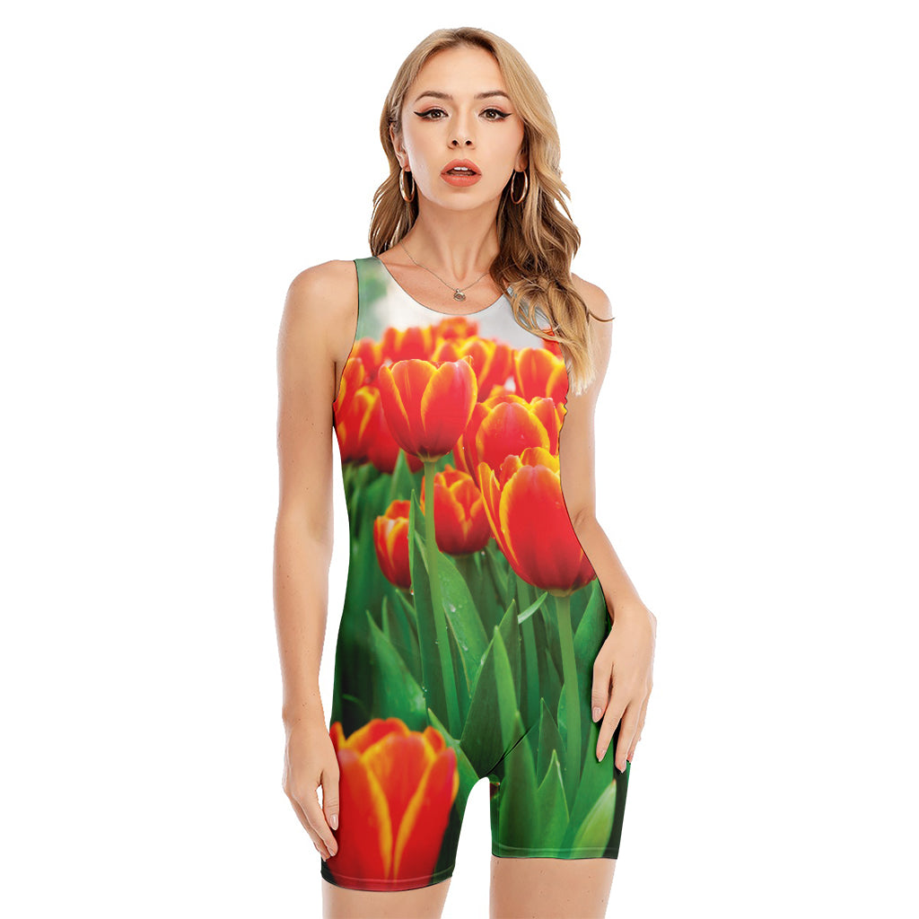 Red And Yellow Tulip Print Sleeveless One Piece Swimsuit