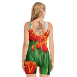 Red And Yellow Tulip Print Sleeveless One Piece Swimsuit
