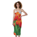 Red And Yellow Tulip Print Slim Fit Midi Cami Dress