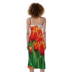 Red And Yellow Tulip Print Slim Fit Midi Cami Dress