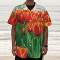 Red And Yellow Tulip Print Textured Short Sleeve Shirt