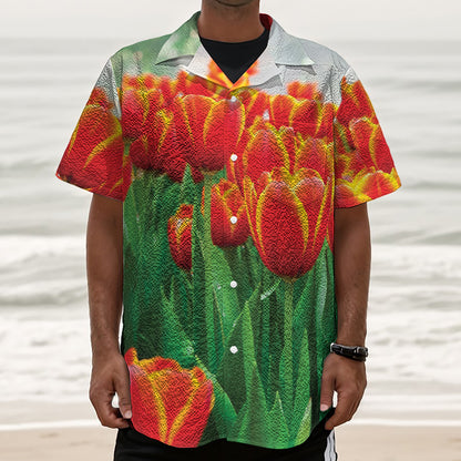 Red And Yellow Tulip Print Textured Short Sleeve Shirt