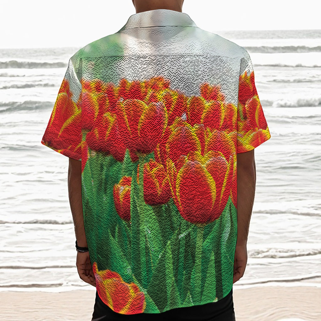 Red And Yellow Tulip Print Textured Short Sleeve Shirt