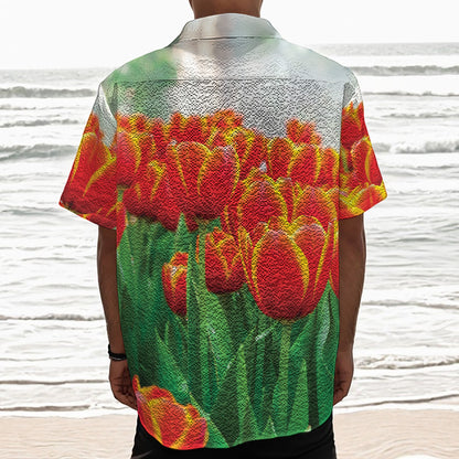 Red And Yellow Tulip Print Textured Short Sleeve Shirt
